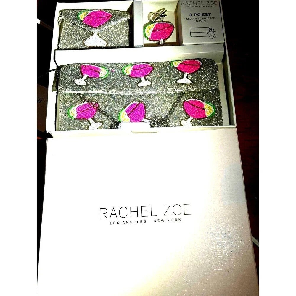 NWT RachelZoe Beaded 3pc set Margarita glass Clutch-Coin Purse & Keychain charm